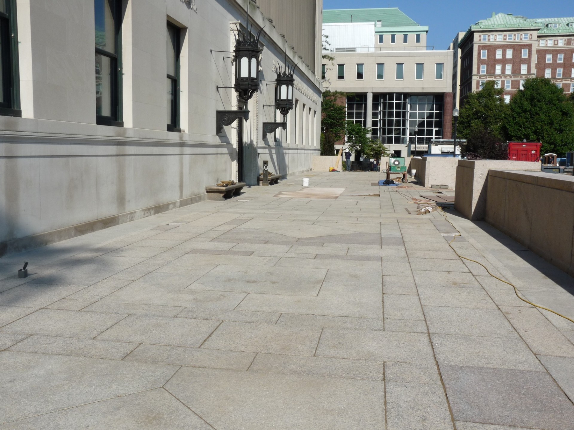 Butler Plaza granite pavers have been placed, readying for final touches and clean-up for the reopening of Butler Library's main entrance on Sept. 5. (Photo from August 31, 2017)