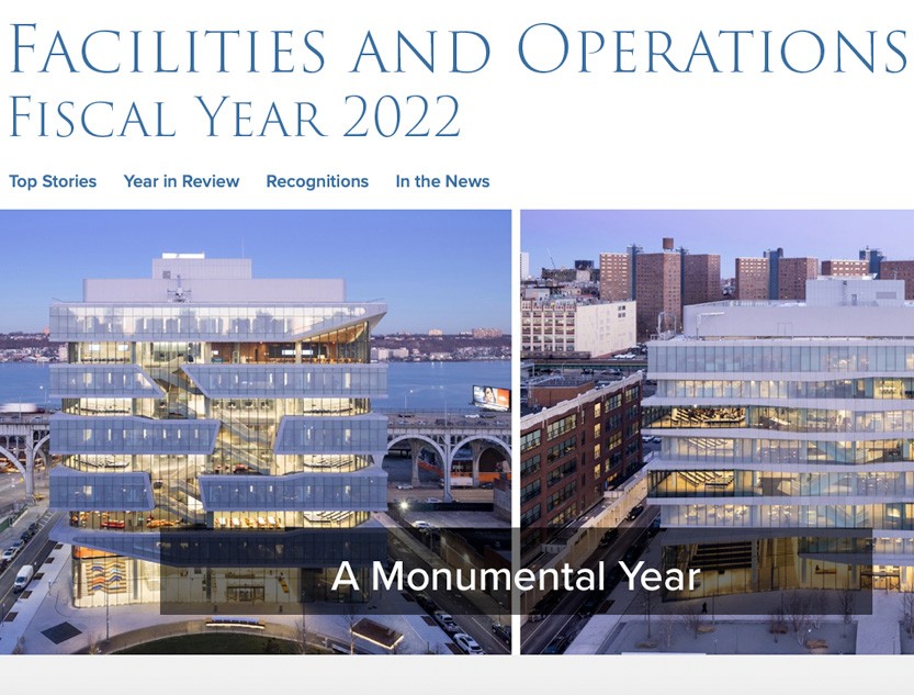 A screenshot of the FY22 Facilities and Operations annual report, which has two photos of the new Columbia Business School buildings in the hero image.