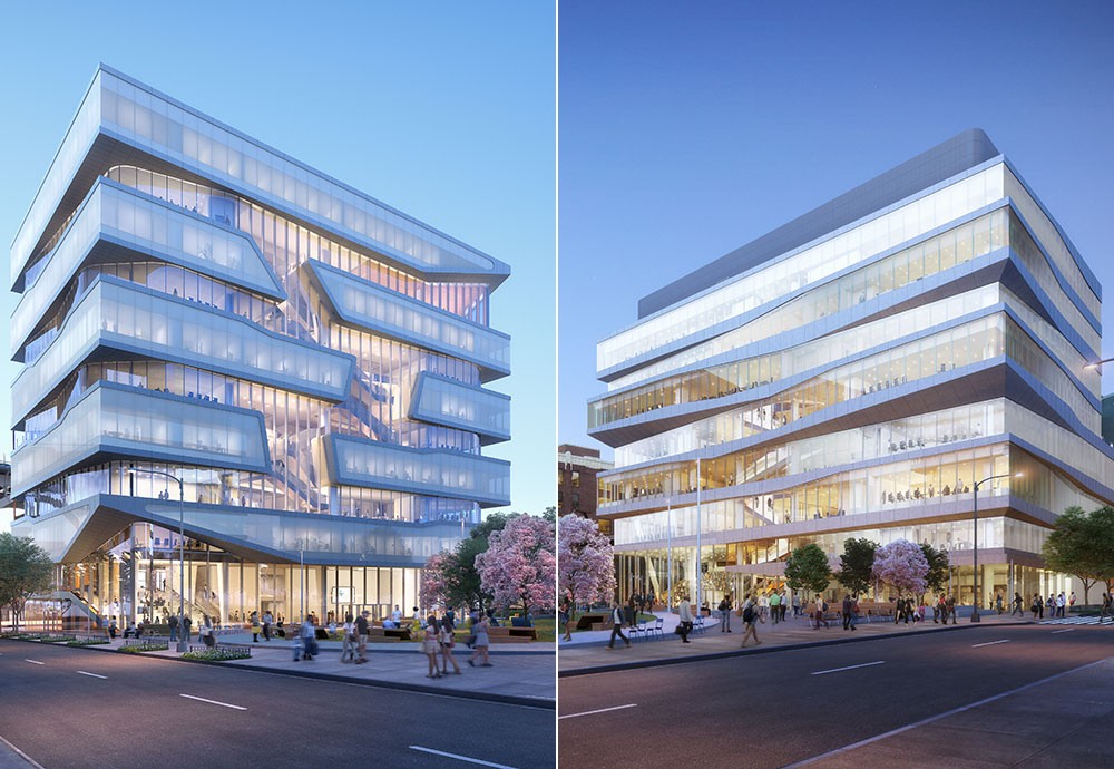 Renderings of the new Columbia Business School buildings at Manhattanville: Henry R. Kravis Hall on the left, and David Geffen Hall on the right.