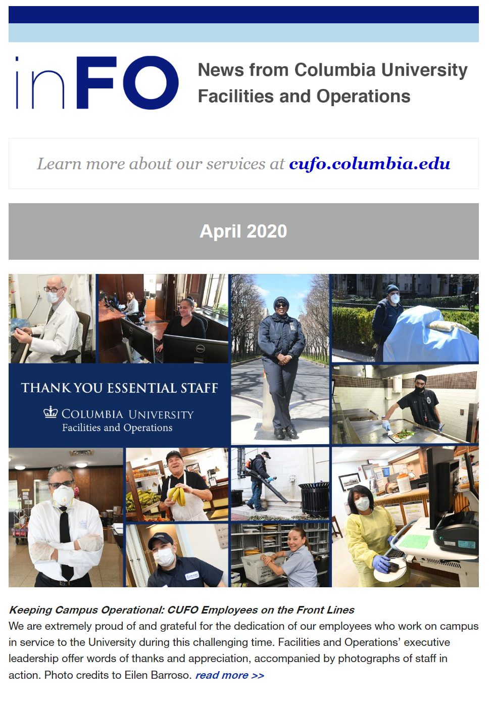 Screenshot of the April 2020 e-newsletter, showing a collage of photos of essential workers