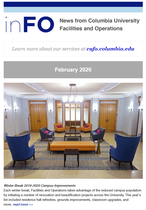 Screenshot of the February 2020 CUFO e-newsletter showing image of a recently renovated Residence Hall lounge