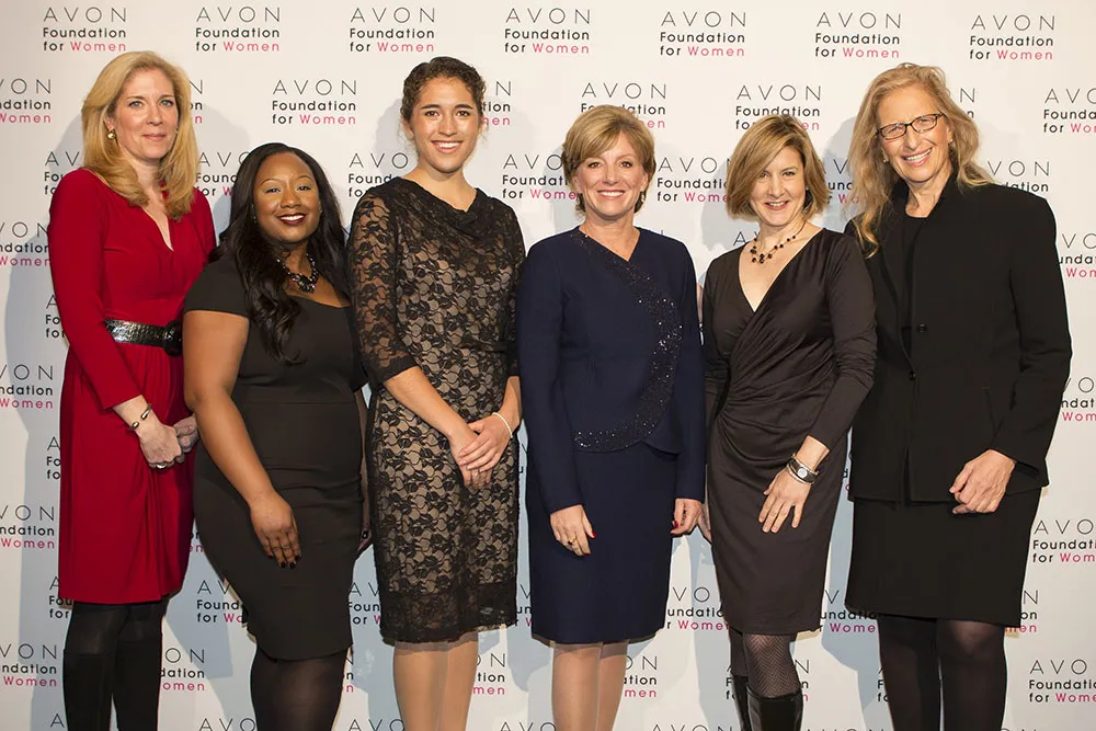 Executive Director of Student Health and Wellness Programs MJ Murphy, SVR & Rape Crisis/Anti-Violence Support Center Director La'Shawn Rivera, and Evangeline Delgado '15 joined by Avon CEO Sheri McCoy, Avon Foundation's Christine Jaworsky and renowned American portrait photographer Annie Leibovitz. (Photo credit: Avon Foundation)