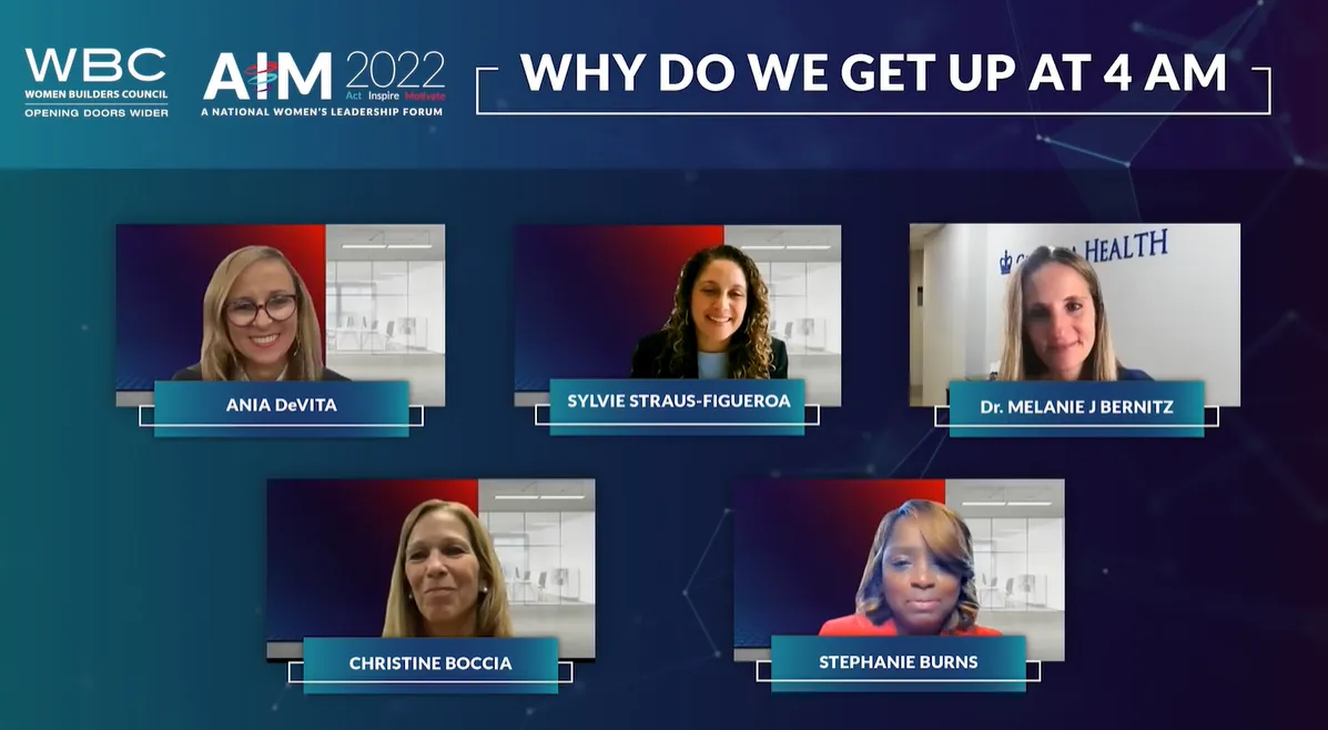 Screenshot of a recorded online webinar including the faces of five women (panelists) with text that says "AIM 2022" and "Why do we get up at 4am" (panel title)