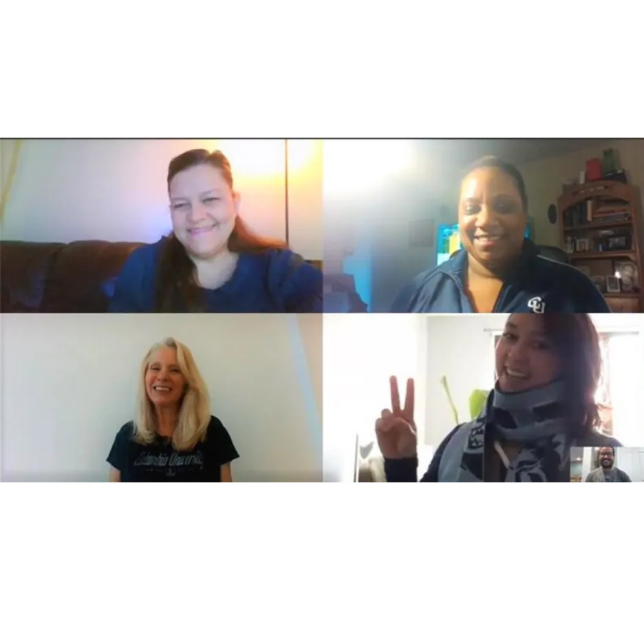 A screenshot of a video conference call showing five people.