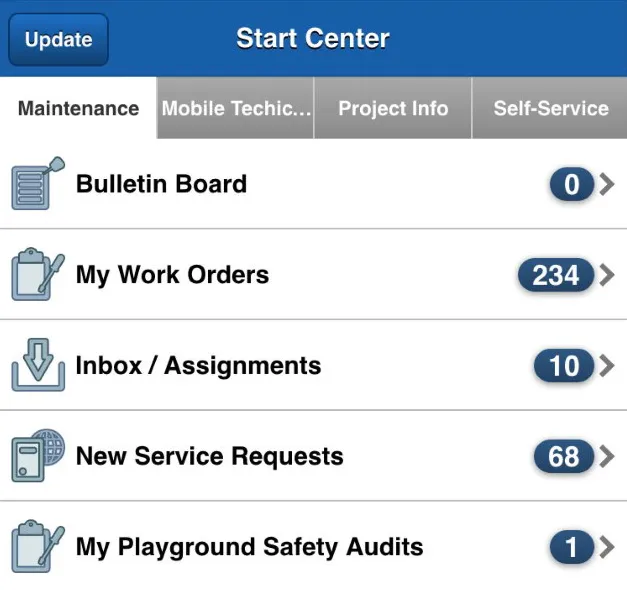Screenshot of EZMaxMobile, showing menu of commands