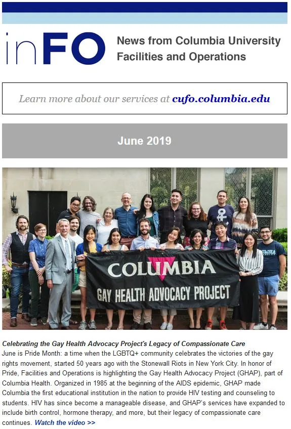 June 2019 edition of Columbia University Facilities and Operations inFO newsletter