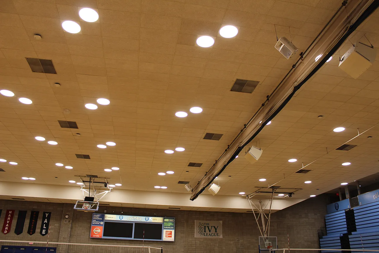 New energy efficient LED light fixtures were installed in Levien Gym which can be adjusted instantly and can be programmed to create various lighting scenes on the courts.