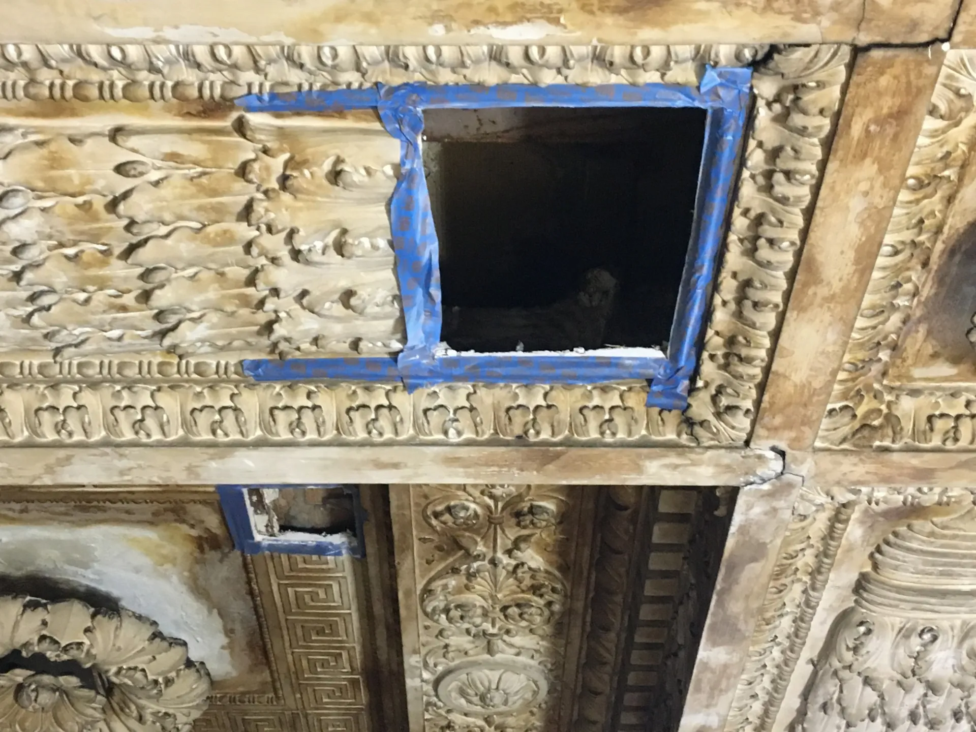 Creating probes to investigate conditions within the plaster ceiling required precise cuts to prevent damage to the ornate ceiling.