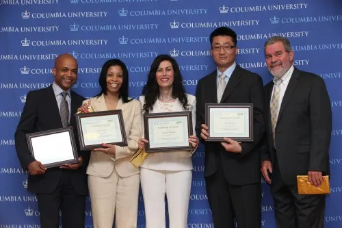 The winning team of the final project presentation received an honorary certificate. From left, Coldit Thompson from Architectural Flooring Resource, Inc., Andrea Moyen from First Choice Mechanical, Inc., Fatemeh Modarres from Bita, Inc., Kenneth Shin from K.D.S. Developers, and Roy Wilson, president of Wilson Management Associates, who proudly announced the winners.