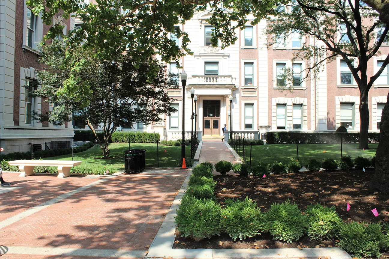 The new pathway in front of Mathematics includes an accessible ramp to Havemeyer Hall and WIFI equipped lampposts and seating areas along the pathway.