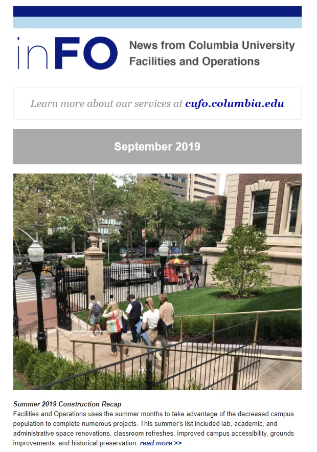 September 2019 edition of Columbia University Facilities and Operations inFO newsletter