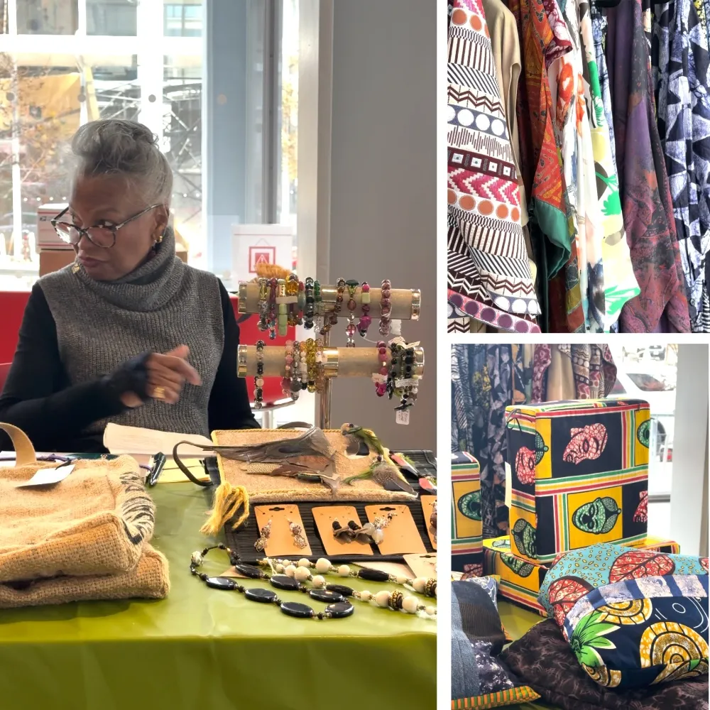 Three photos showcasing jewelry, clothing, and decor from the SoHarlem Holiday Market
