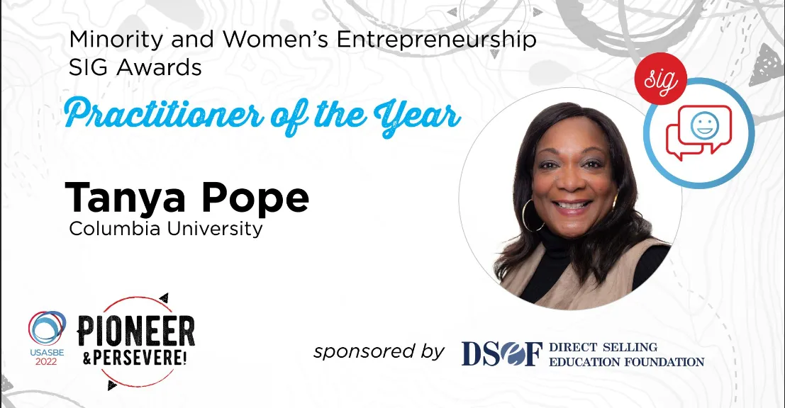 A graphic image with text and a head shot of Tanya Pope being named Practioner of the Year by the USASBE.