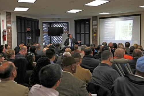 Columbia University Vice President of Manhattanville Development Philip Pitruzzello provides attendees with an overview of the campus development.