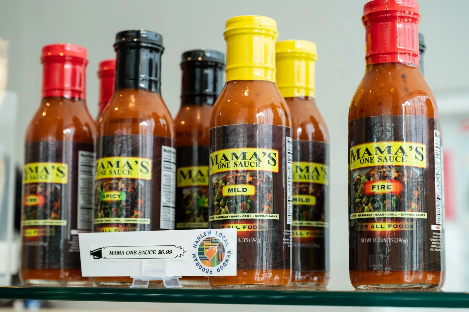 Vy Higginsen's Mama's One Sauce on display in Geffen Hall's ground floor café. Photo by Diane Bondareff.
