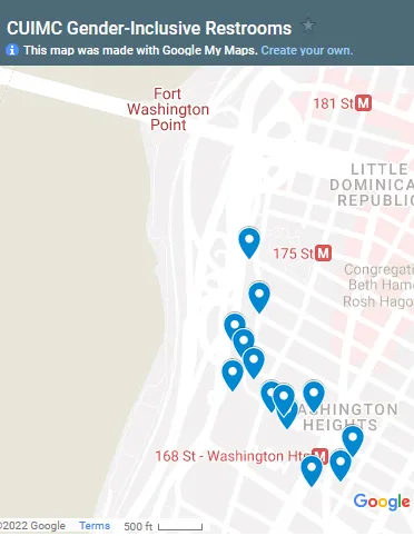 A screenshot of the CUIMC gender-neutral restroom map that is on Google Maps.