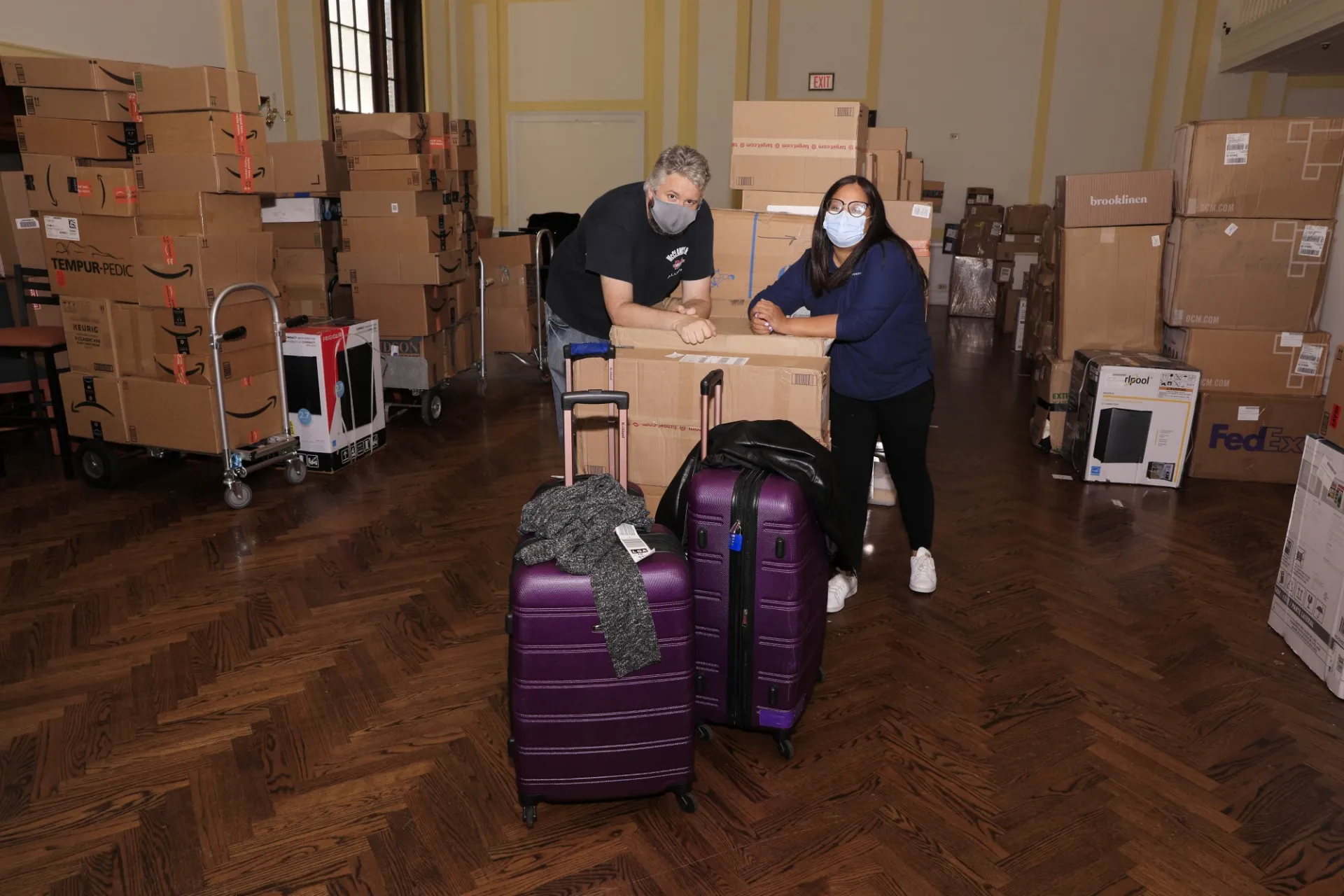 Packages stacked in the Wien Hall lounge
