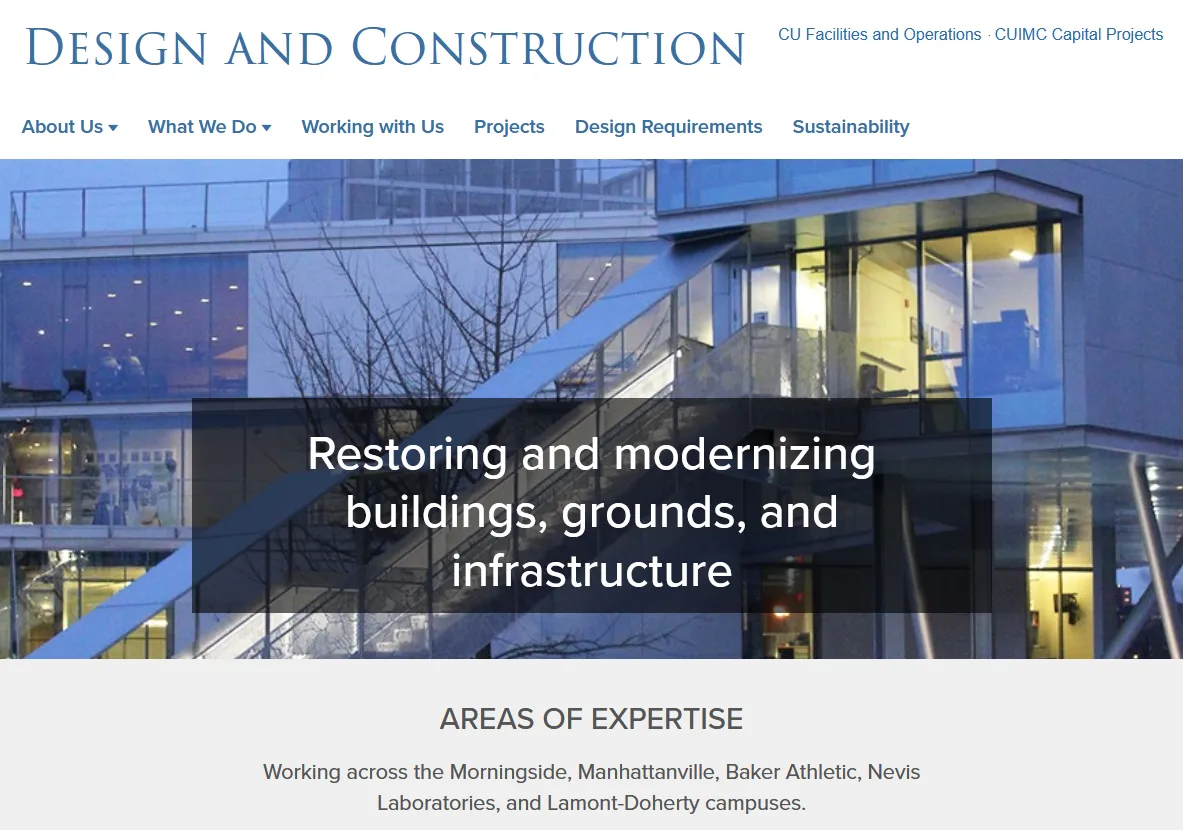 A screenshot of the Design and Construction website that has a shot of Campbell Sports Center as the hero image.