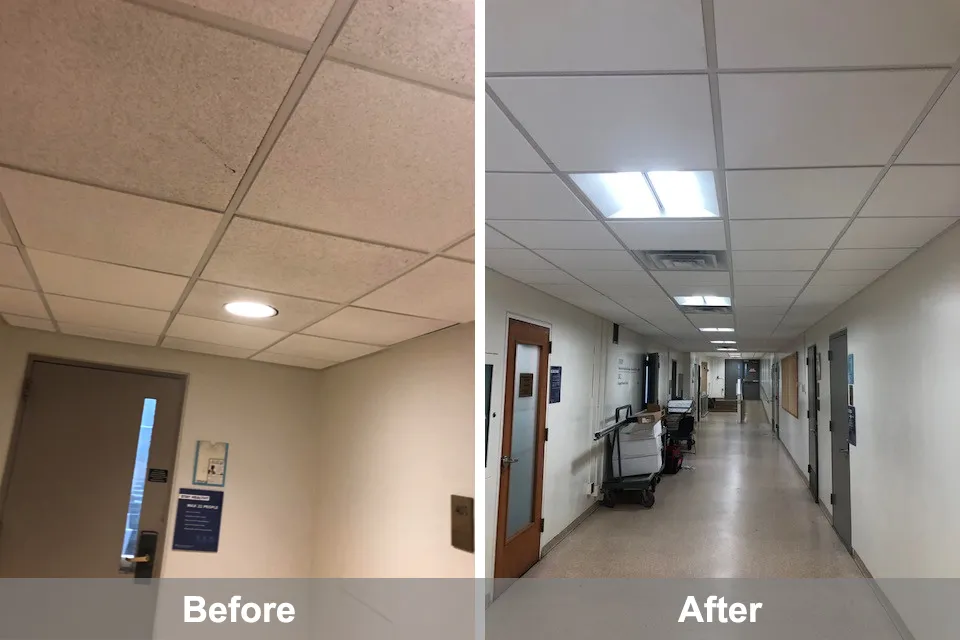 Before and after photos showing new ceiling tiles and LED lighting installed in the International Affair Buildings hallway.
