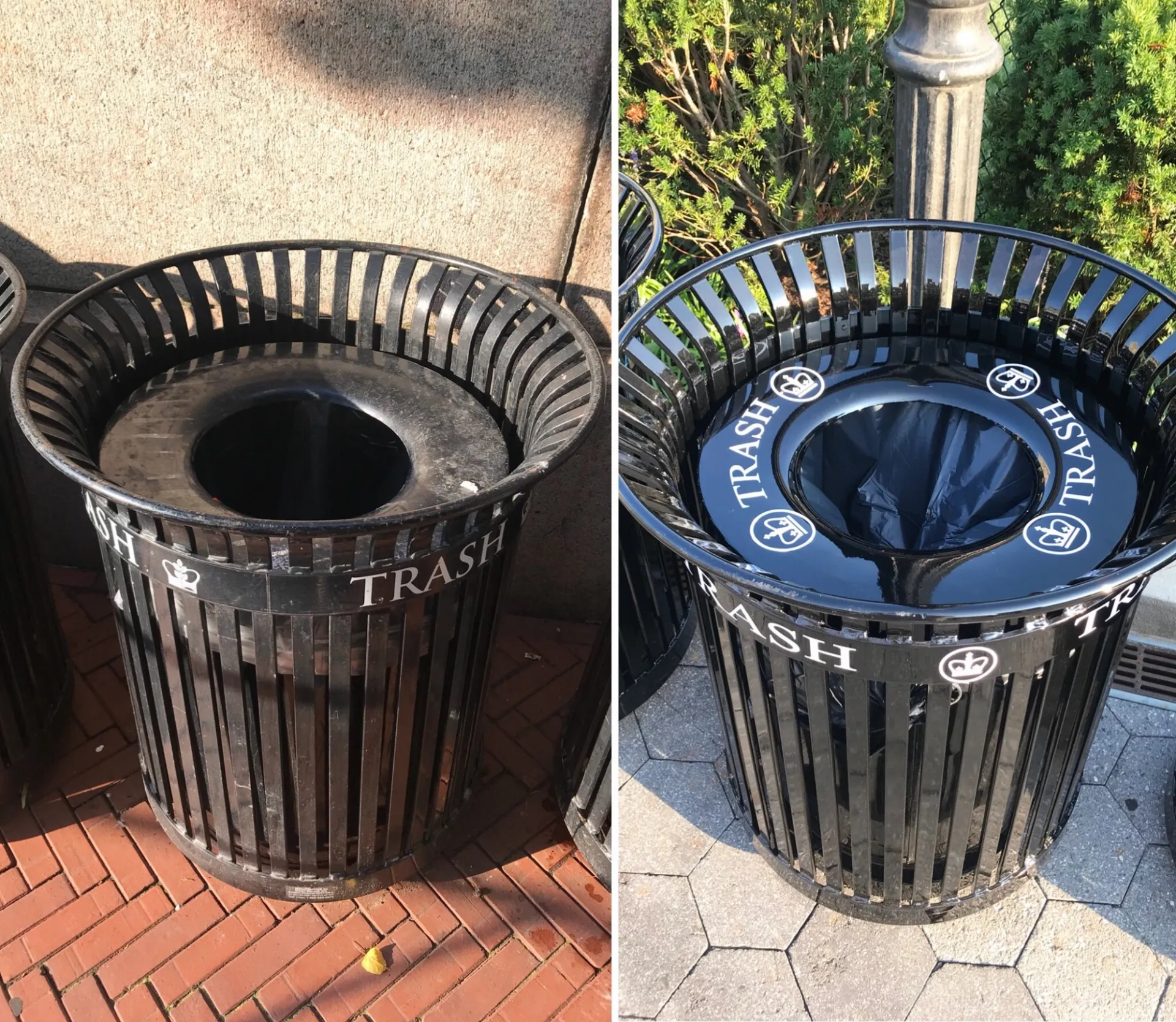 A before and after comparison of trash bins