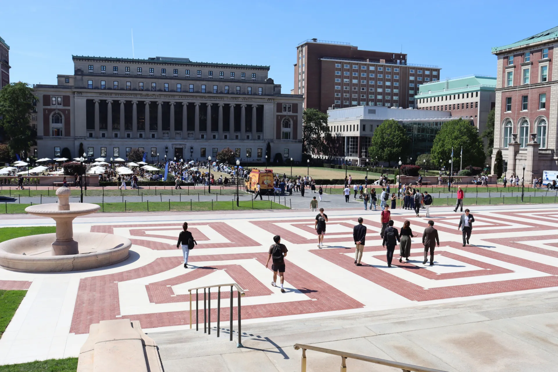 A view of the newly restored Low Plaza looking upon College Walk, South Lawn, and Butler Library.