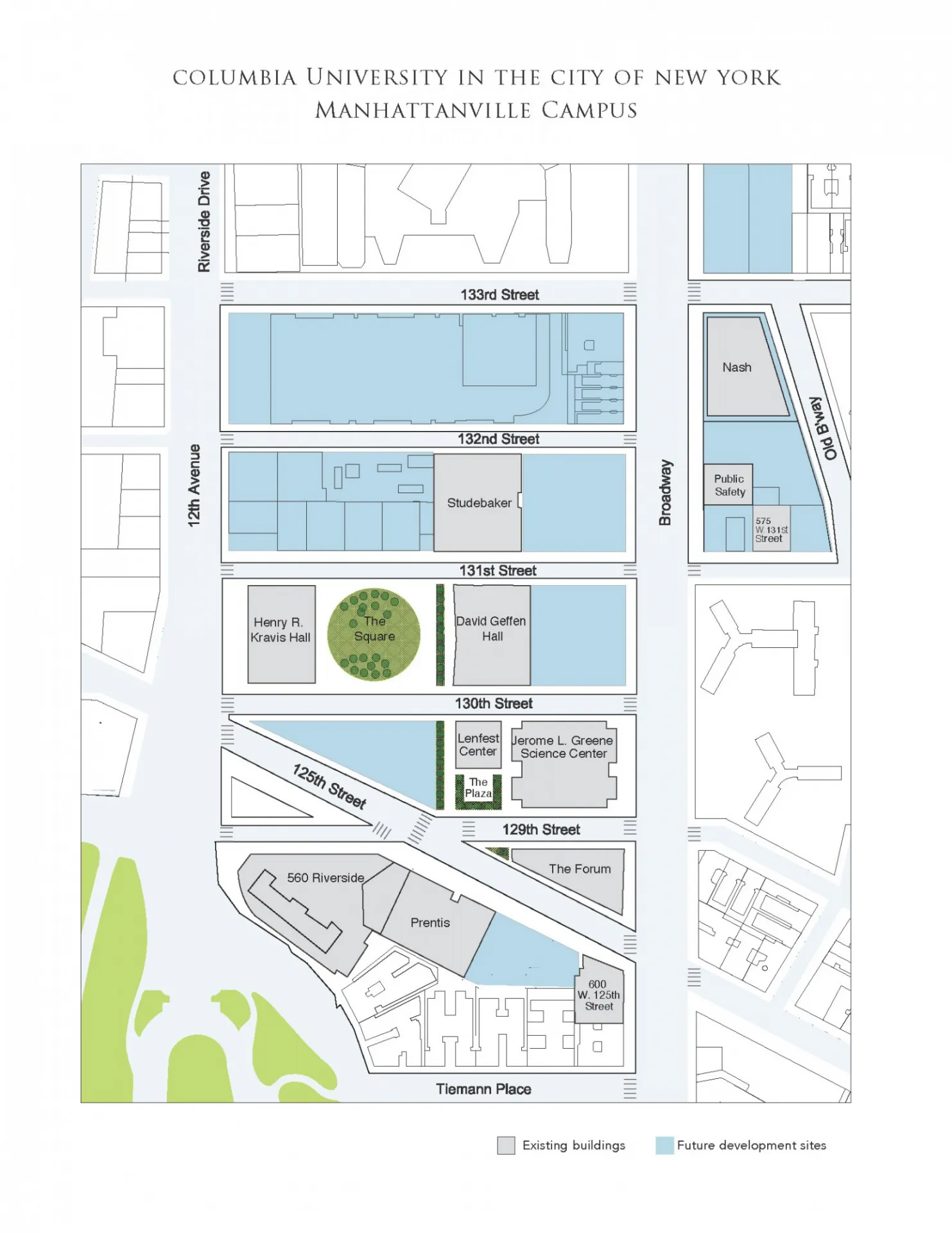 A map of the Manhattanville campus, with Columbia buildings shaded gray and future Columbia development sites shaded light blue.