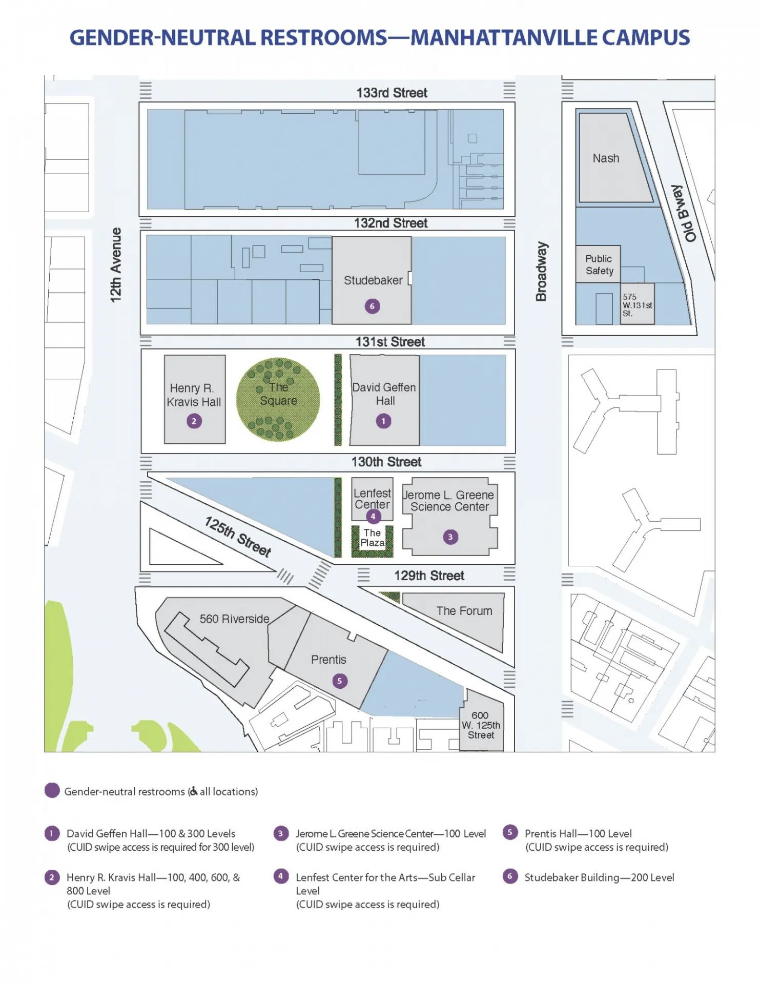 A thumbnail of the gender-neutral restroom map for the Manhattanville campus.