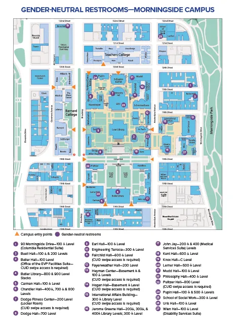 A map of the gender-neutral restrooms on the Morningside campus.