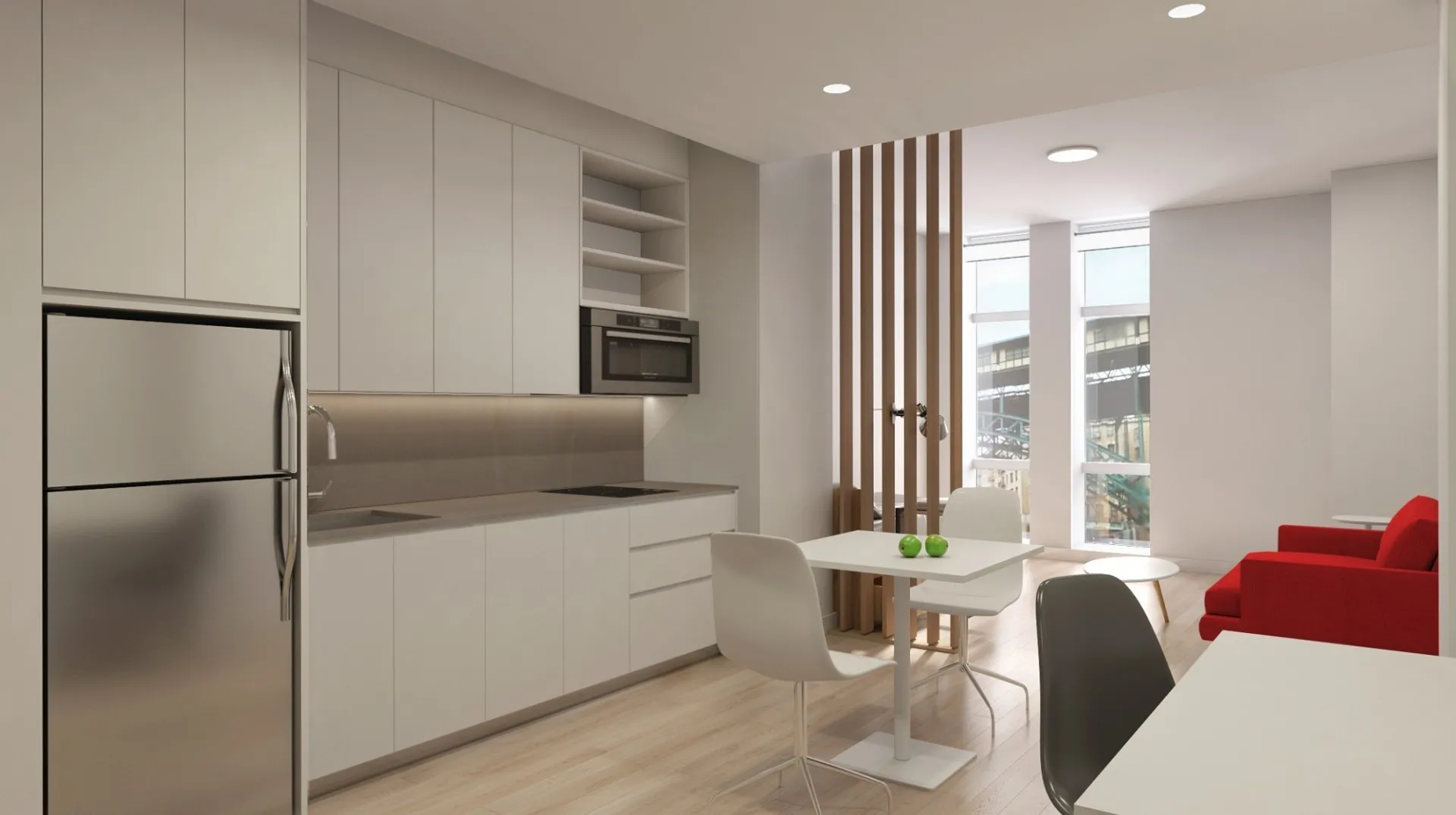 A rendering of a studio unit for graduate students at 600 W. 125th Street.