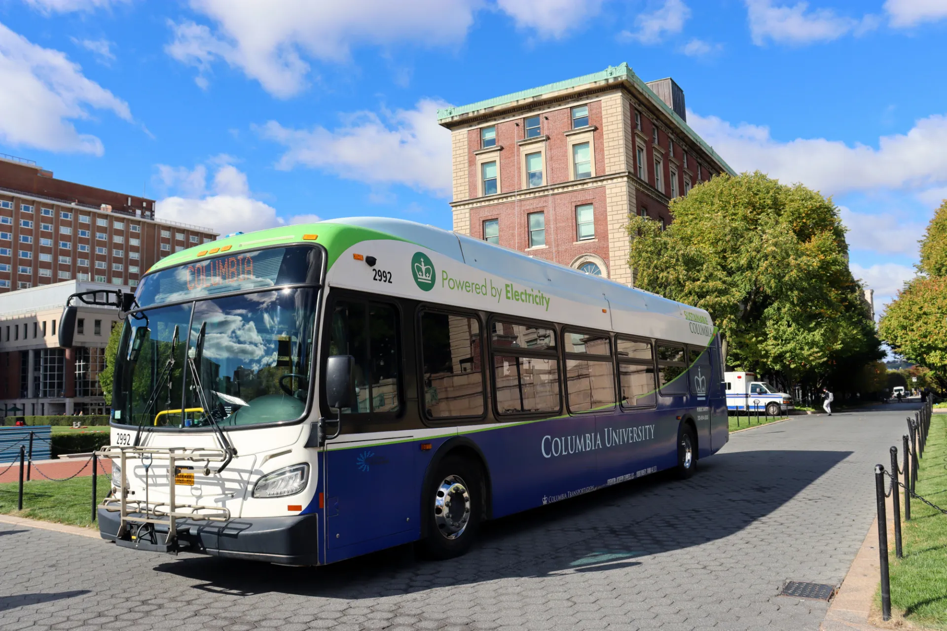 One of Columbia's electric buses is parked on College Walk on Morningside Campus for a fleet show