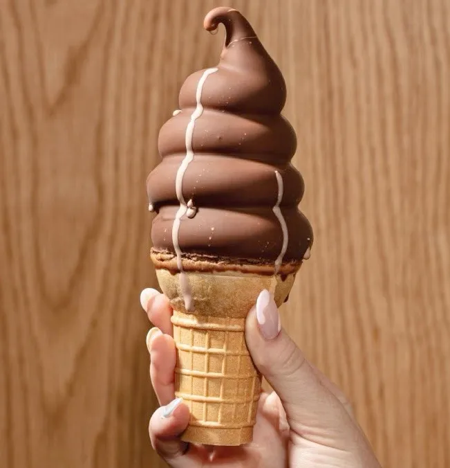A person holding a chocolate dipped soft-serve ice cream stone. against a wood wall.