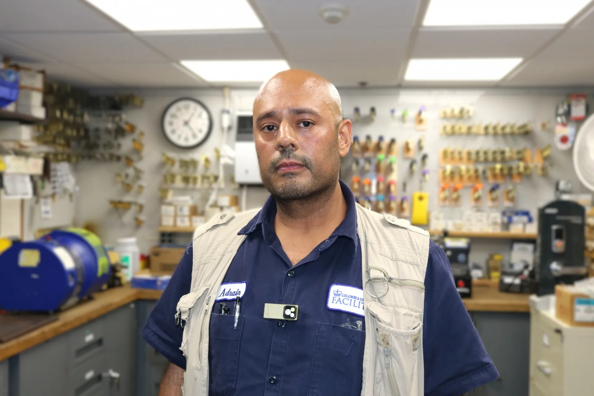 Adrian Cruz in side Locksmith workshop