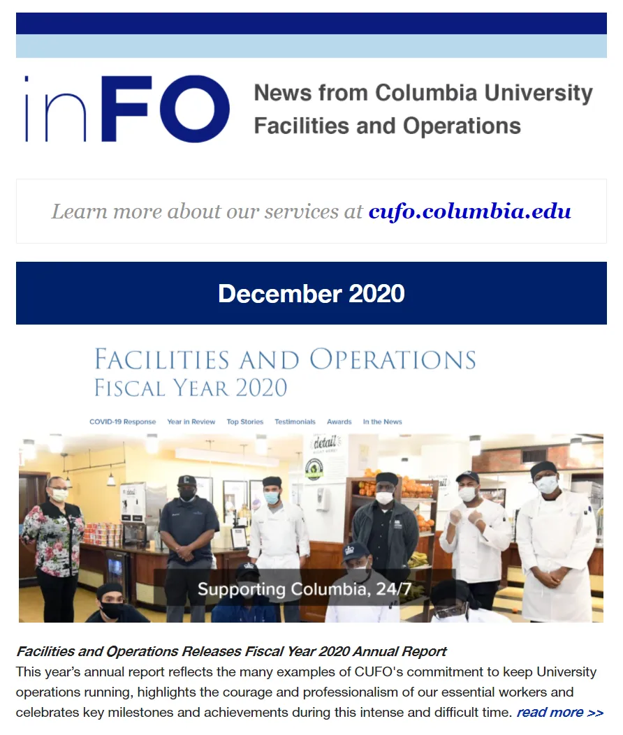 A screenshot of the December 2020 inFO e-newsletter showing a picture of Columbia Dining staff in the John Jay Dining Hall.