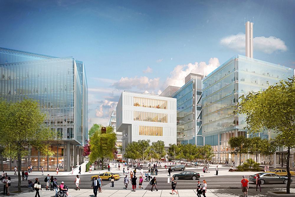 Rendering of the Manhattanville Development, looking north at 125th Street. Rendering shows the Lenfest Center of the Arts in the middle, Jerome L. Greene Science Center on the right, and a glass building yet to be designed on the left.