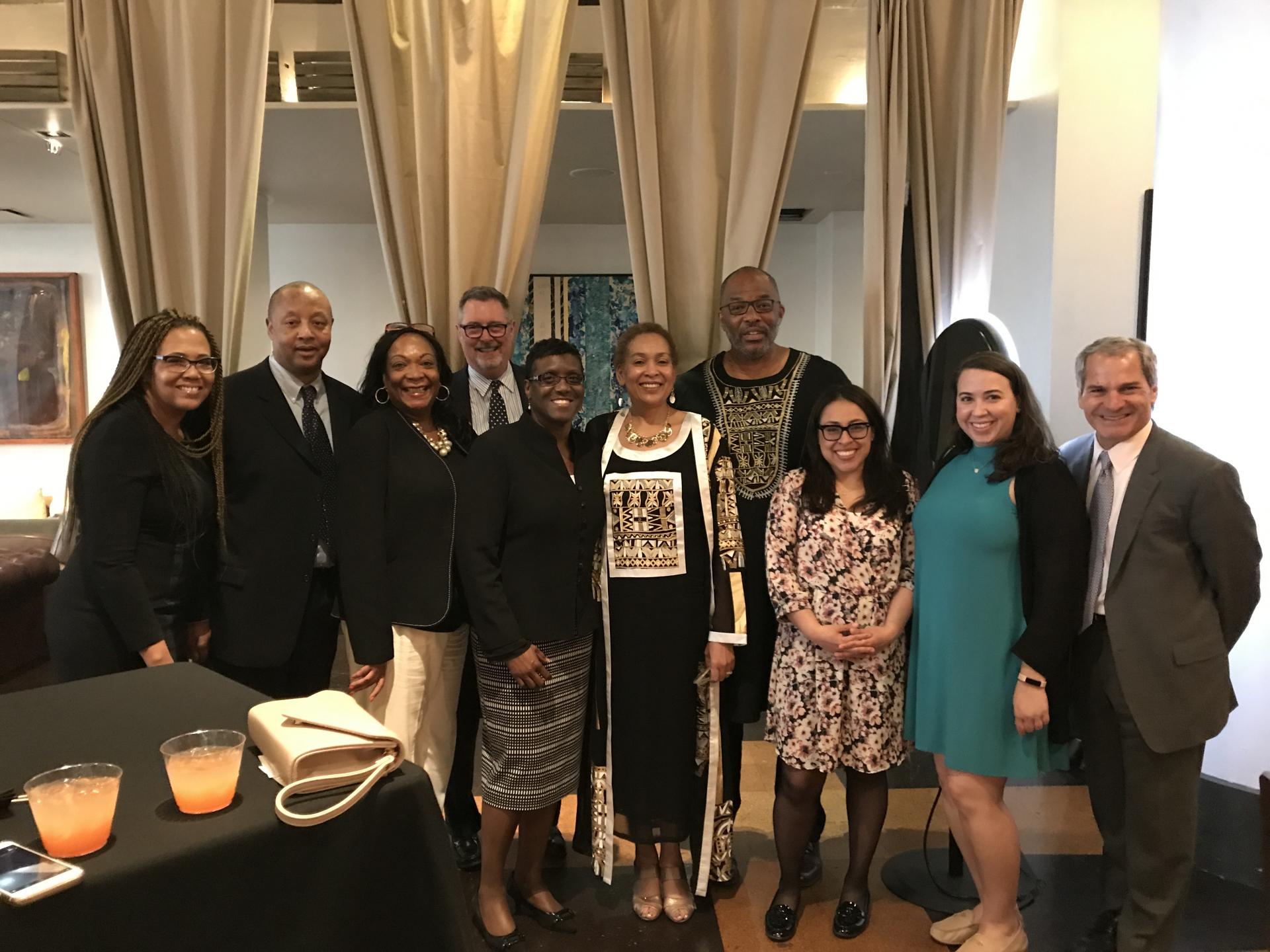 La-Verna Fountain, Vice President for Strategic Communications and Construction Business Initiatives, next to her husband James and surrounded by colleagues when she received the Harlem Business Alliance "Woman of Action" award at a ceremony on May 3, 2017.