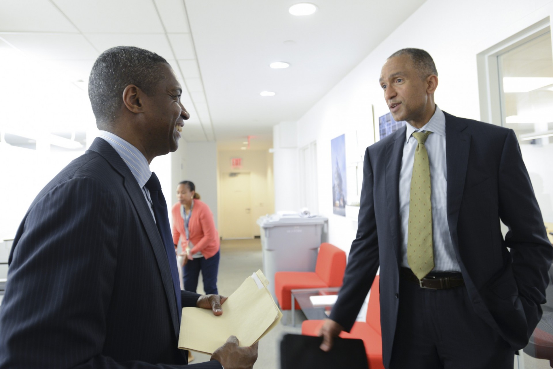 Gerrard Bushell, president and CEO of DASNY (left), speaking with Colin Redhead, deputy treasurer of Columbia University, during a recent tour of Columbia's new Manhattanville campus. (Photo credit: DASNY)