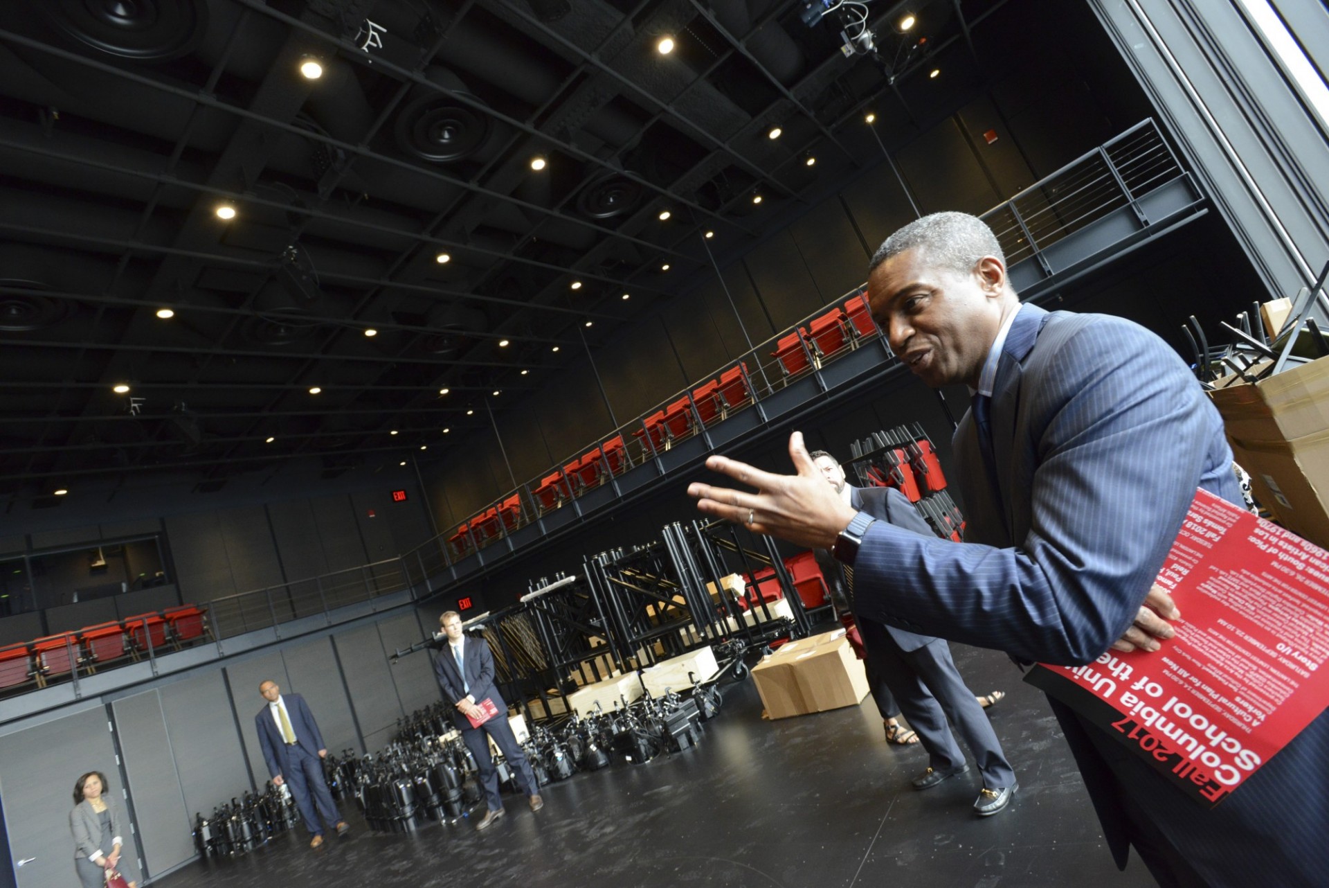 Gerrard Bushell, president and CEO of DASNY, touring the flexible performance space at the Lenfest Center for the Arts. (Photo credit: DASNY)
