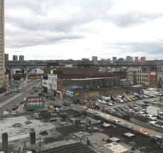 View of the area in Manhattanville, looking northwest from 125th Street and Broadway, where Columbia proposes building a new urban academic environment. 