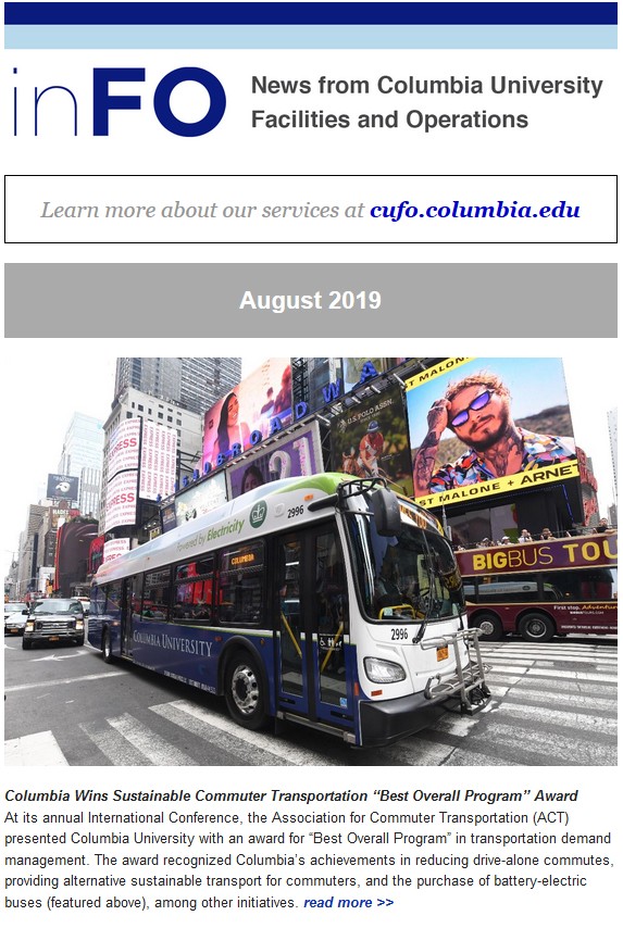 August 2019 edition of Columbia University Facilities and Operations inFO newsletter