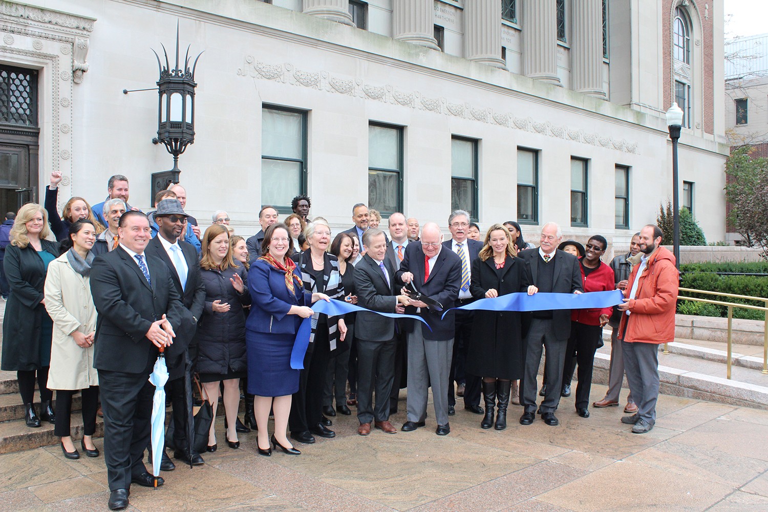 University Provost John H. Coatsworth, University Librarian and Vice Provost Ann D. Thornton, Executive Vice President for University Facilities and Operations David Greenberg, and administrators throughout the University cut a ribbon to recognize the completion of the Butler Plaza and Lawn restoration project.