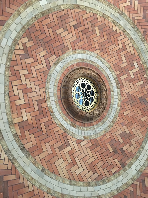 The Guastavino tiles in the interior dome ceiling have been repaired and replaced. Guastavino tiles in the interior dome ceiling of St. Paul's Chapel.