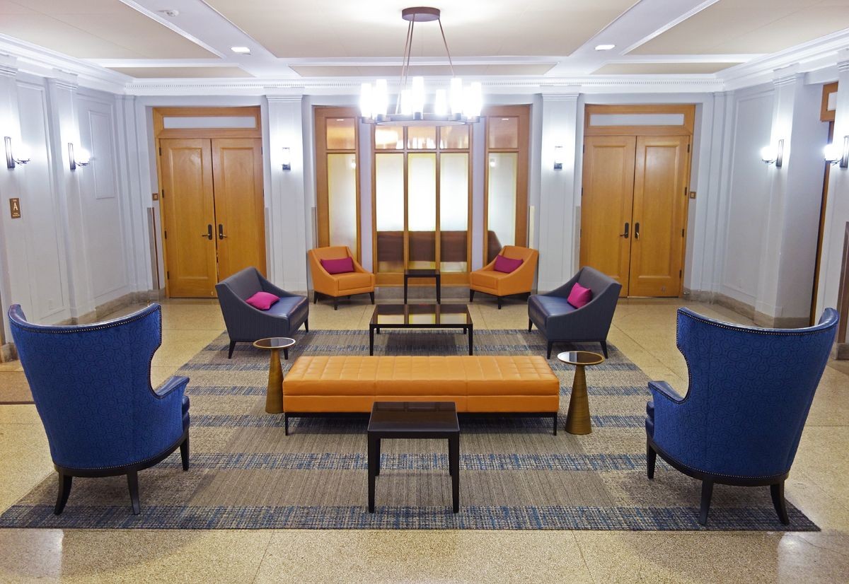 Improvements made over winter break include the refresh of spaces in Faculty House. Faculty House lobby with new furniture