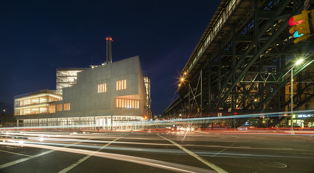 The Forum is the third new building at the Manhattanville campus to receive a LEED Gold rating, joining the Jerome L. Greene Science Center and Lenfest Center for the Arts. (Photo: ©Nic Lehoux) The Forum during the evening