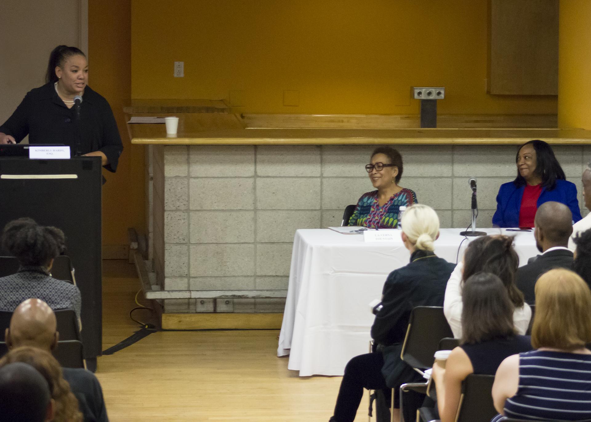 Columbia's La-Verna Fountain (center) and Tanya Pope (right) at the NYC Economic Development Day panel discussion while Kimberly Hardy of NYC's Small Business Services speaks