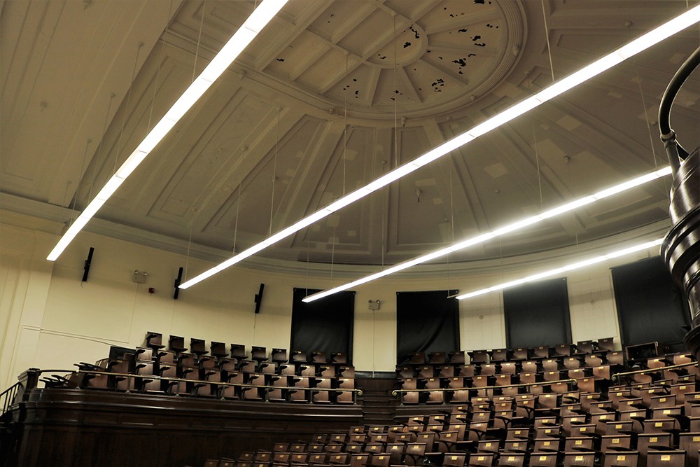 Havemeyer 309, an iconic lecture hall featured in several Hollywood films, benefited from new LED lights and a podium restoration during winter break.