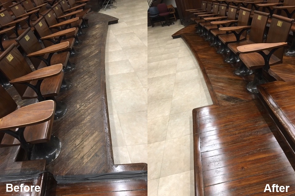 Sections of the original 1896 flooring were treated in Havemeyer 309 over spring break. Before and after floor treatments performed in Havemeyer 309