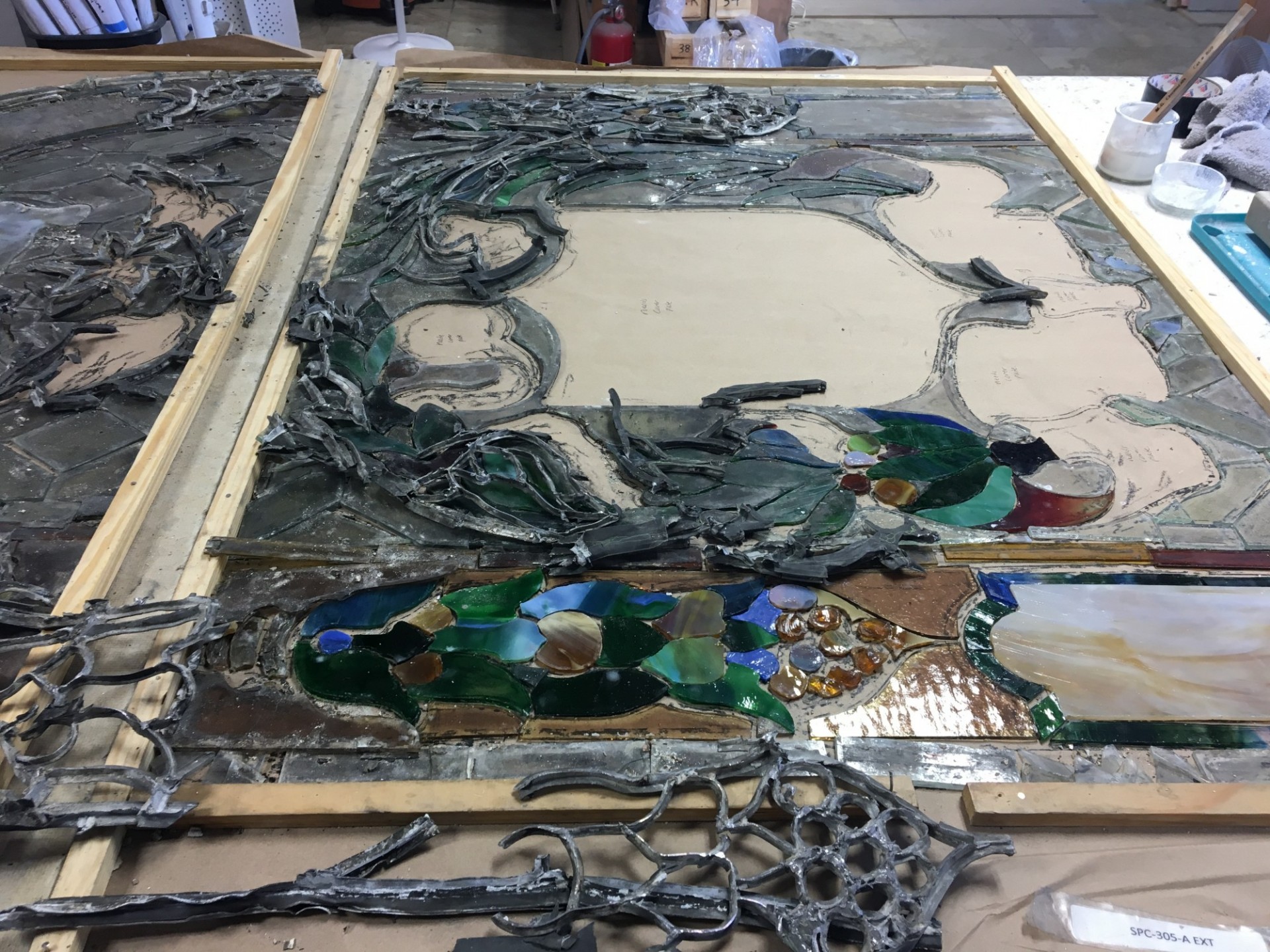 The stained-glass windows from the dome have traveled to a restoration studio for cleaning and repairs. 