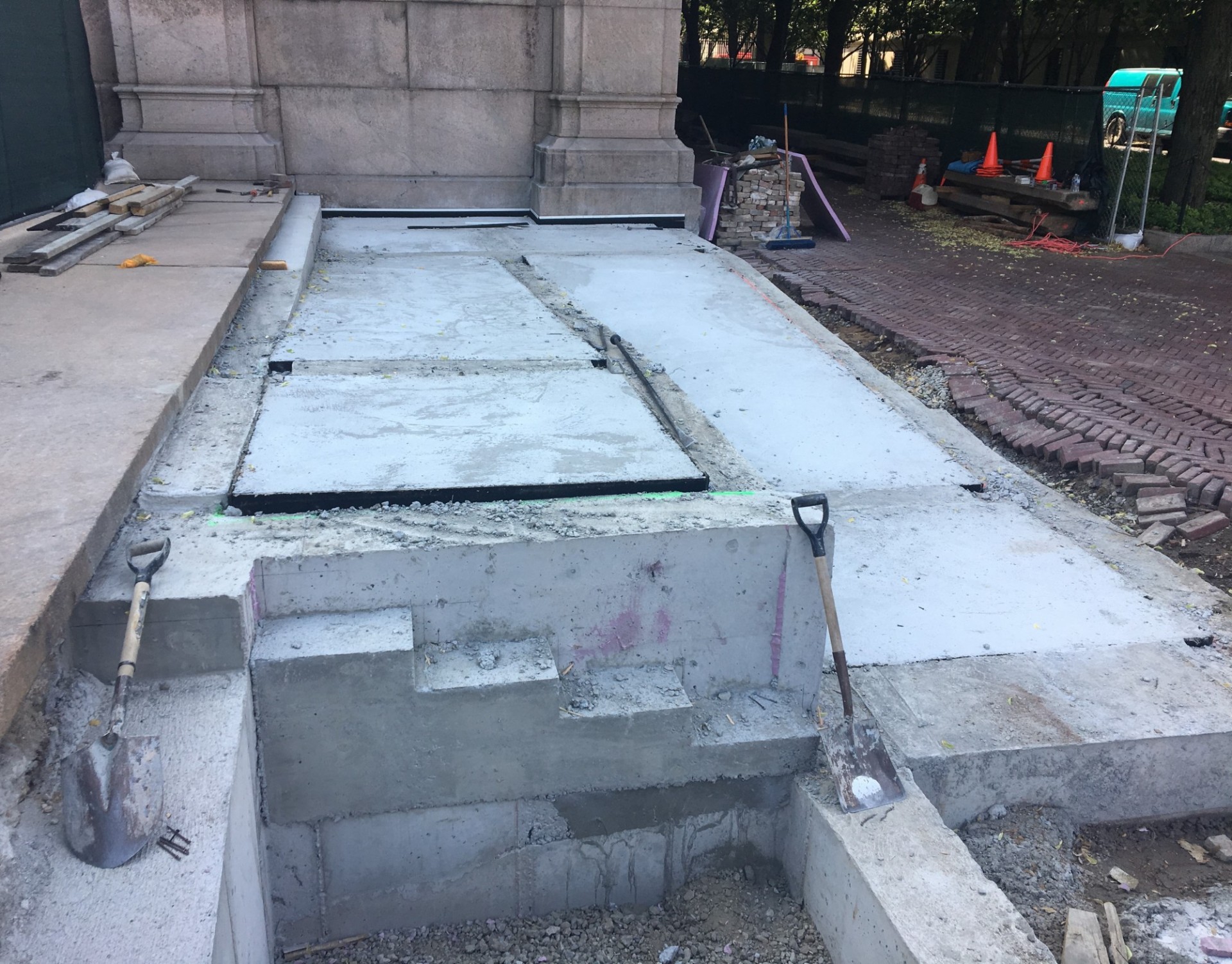 Construction continues on the new, accessible ramp between College Walk and Low Plaza. Construction continues on the new, accessible ramp between College Walk and Low Plaza