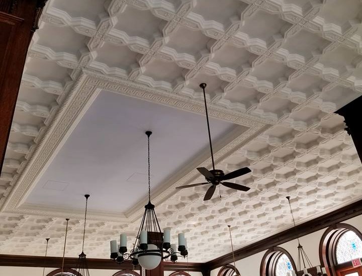 The historic ceiling above John Jay Dining Hall was replaced and restored after it was damaged by a leak. The historic ceiling above John Jay Dining Hall was replaced and restored after it was damaged by a leak.
