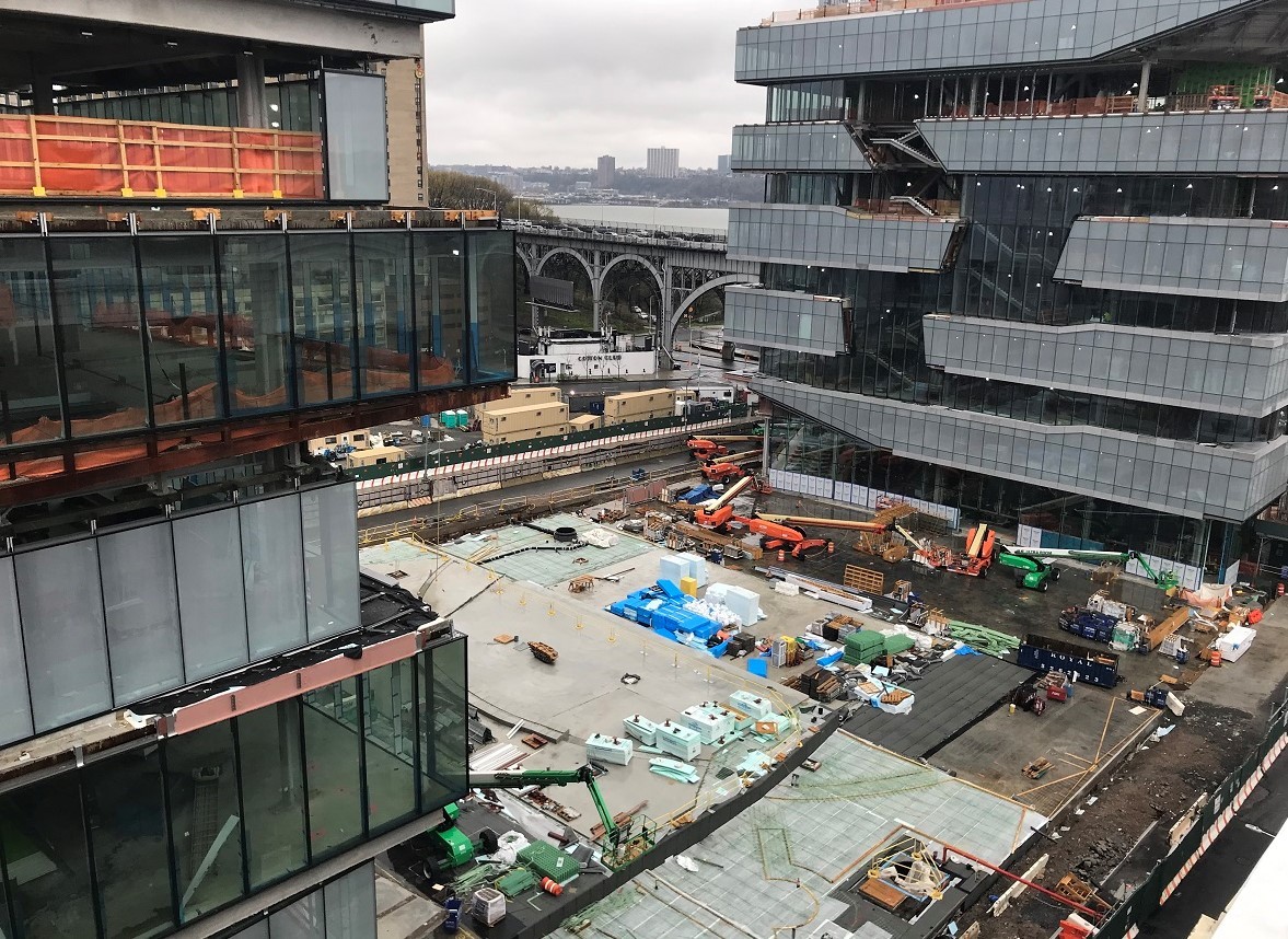 The new Columbia Business School buildings are among the essential construction projects that have resumed. A view of the Columbia Business School construction site
